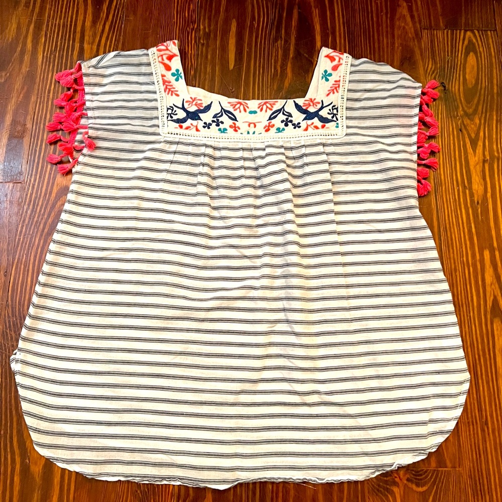 THML Striped Embroidery Top with Pink Tassel Trim on Sleeve